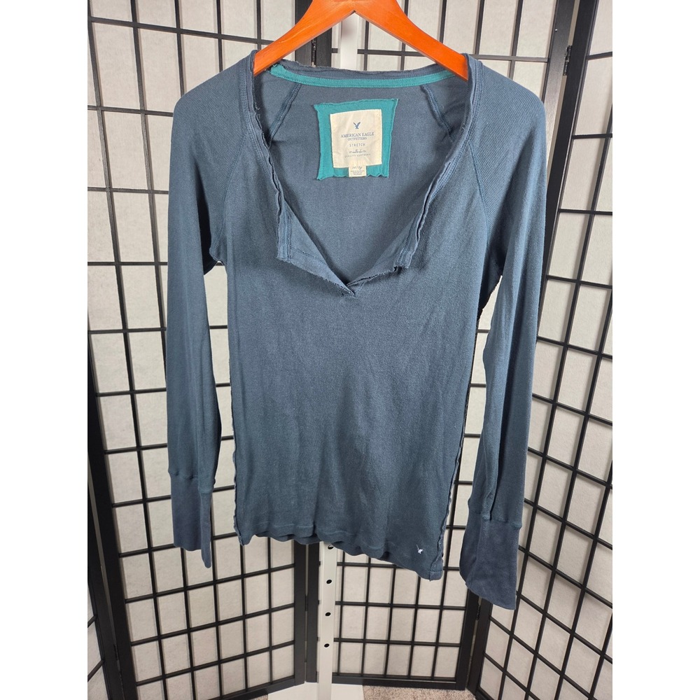 American Eagle Vintage Y2K Henley Thermal Top Blue Teal XL Stretch Ribbed